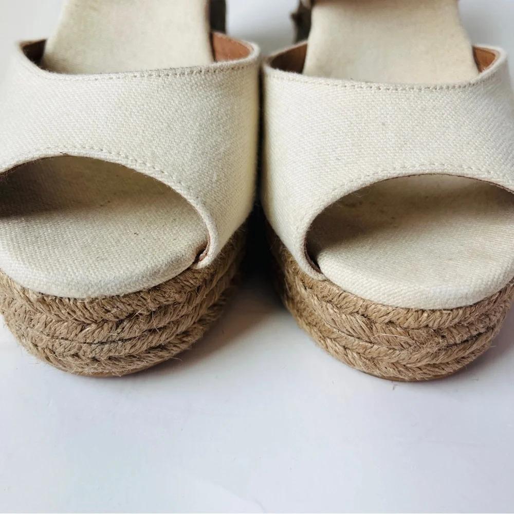 Tory Burch Kate Cream and Tan Woven Espadrille Wedge Platform Sandals